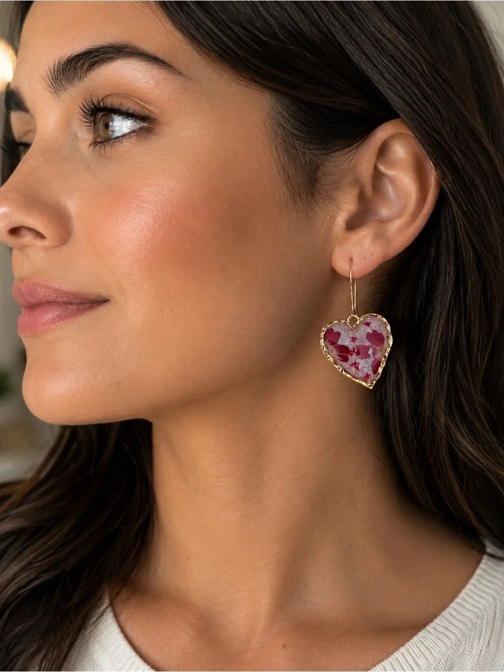 See to Soul Handmade Resin Heart Earrings Pressed Floral Design Gold Tone Hooks